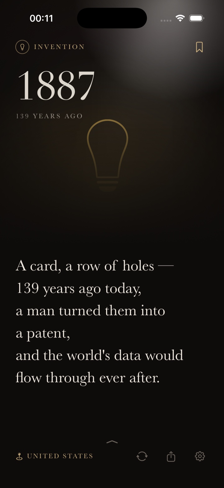 An Echoes card: 1887, a row of holes a man turned into a patent.