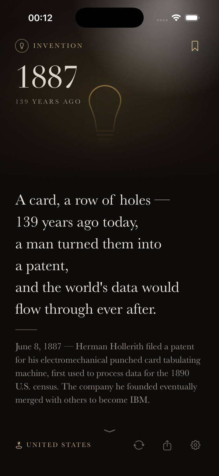 Swiping up an Echoes card reveals the date, place, and a short note of what happened.
