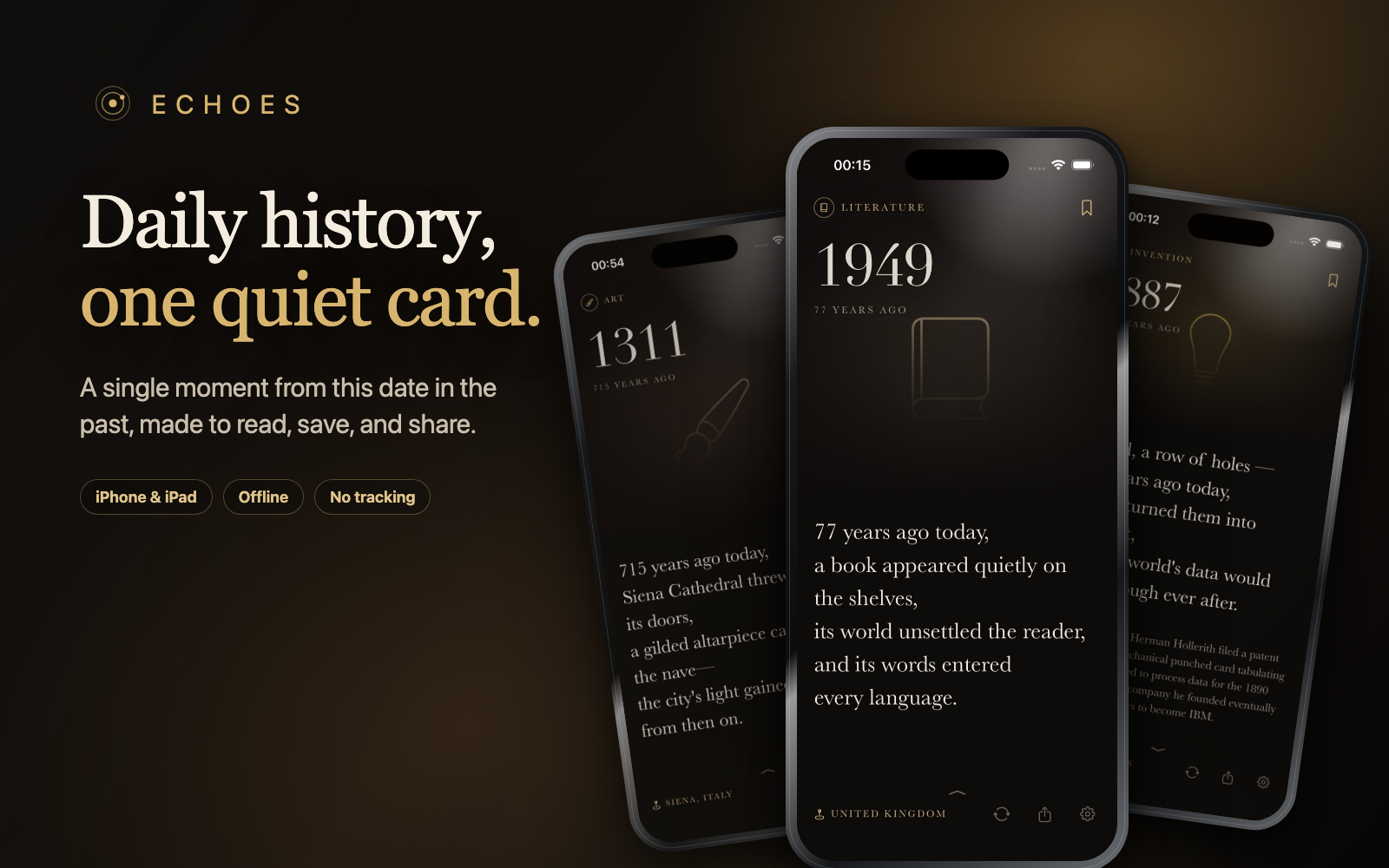 Echoes daily history cards on iPhone.