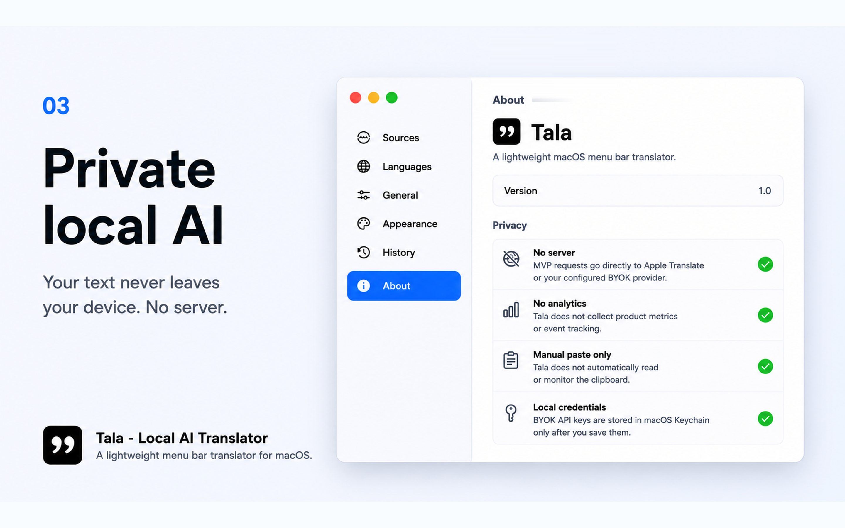 Tala explaining private local AI translation on Mac.